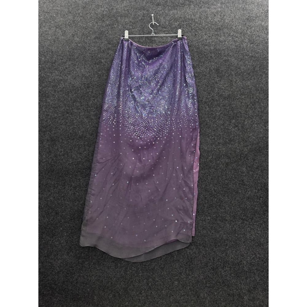 Bieff Purple Sequin Maxi Skirt Iridescent Crinkle Fabric Knot Buttons Side Slit